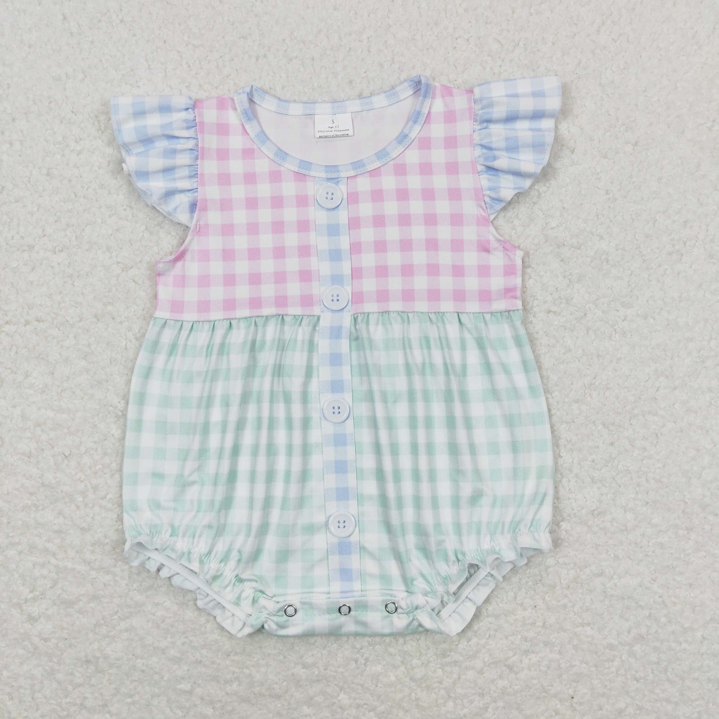 SR1201 Hot pink cyan checkered flutter sleeve girls romper
