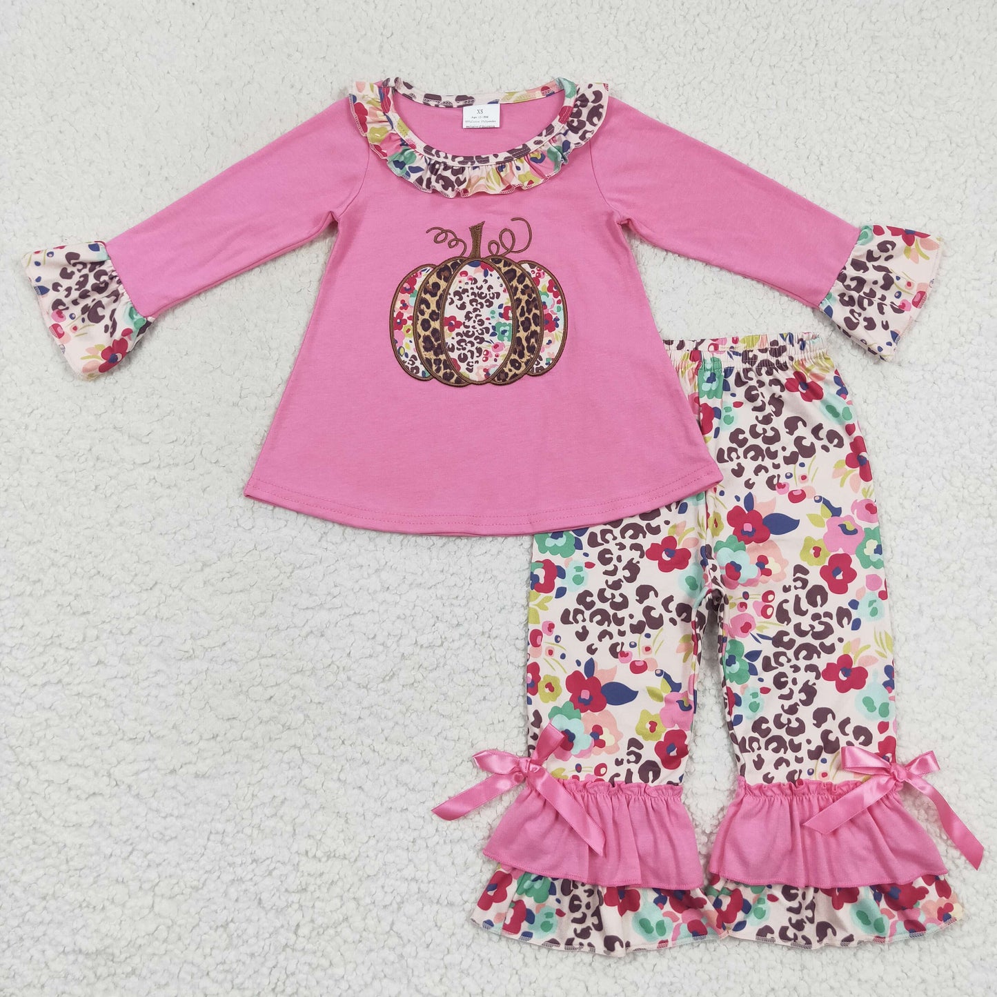 GLP0626 Pumpkin Hot Pink Long Sleeve Colorful Flowers Pants Girls Set Kids Clothes