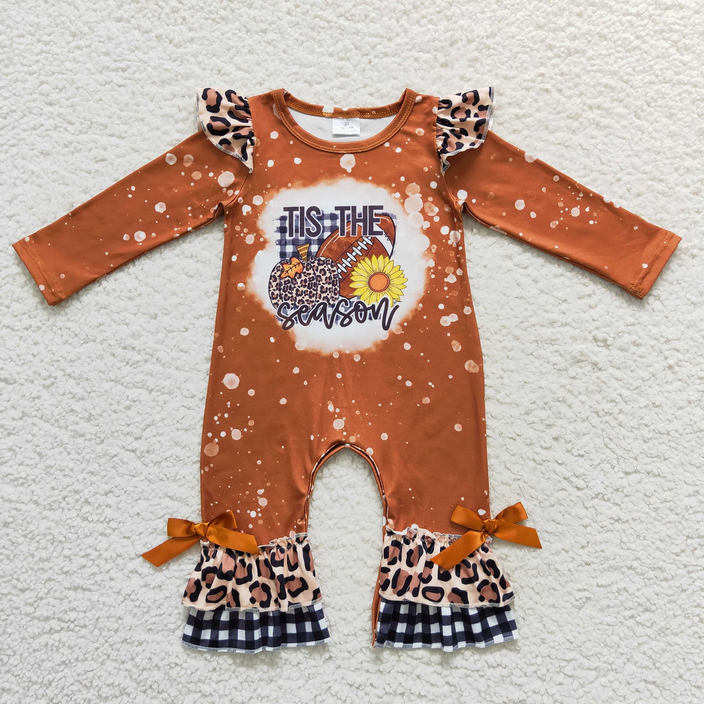 LR0611 Tis the season football brown long sleeve girls romper