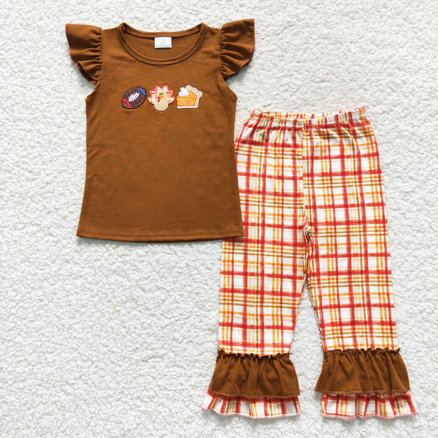 GSPO0759 Thanksgiving Turkey Rugby Short Sleeve Orange Pants Girls Set