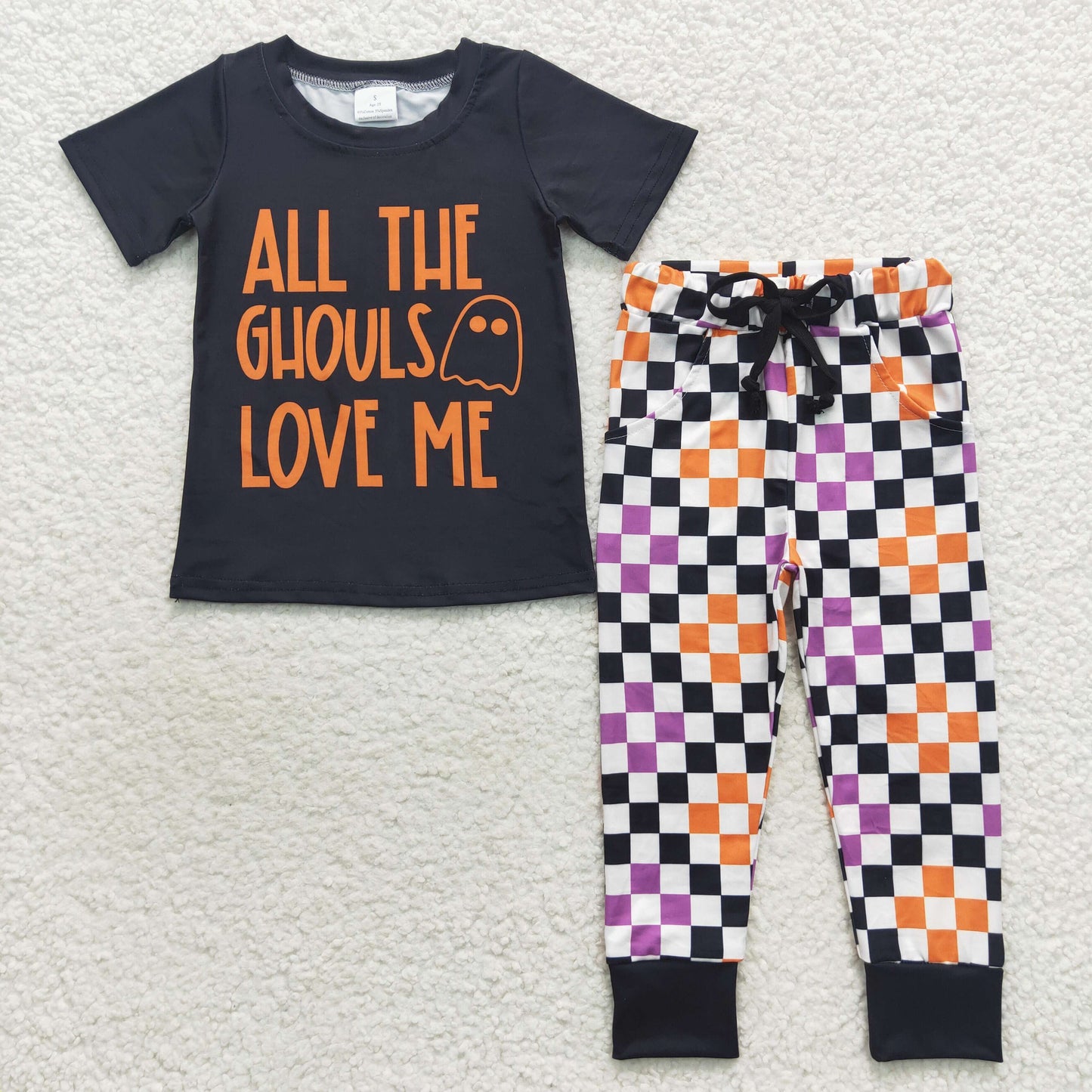 BSPO0160 All the ghouls love me black short sleeve colorful plaid pants boys set