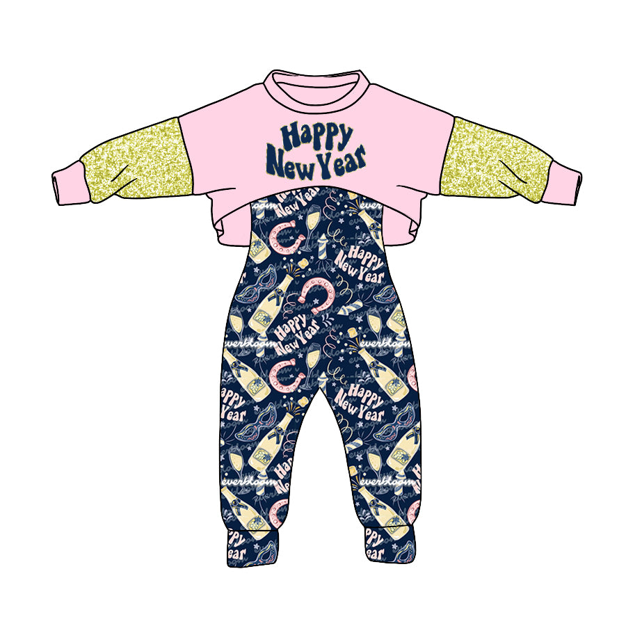 preorder GLP0825 Western & Happy new year pink long sleeve jumpsuit girls set
