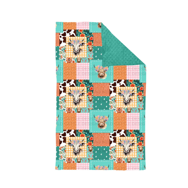 preorder BL0079 Western highland cow flowers green baby blanket