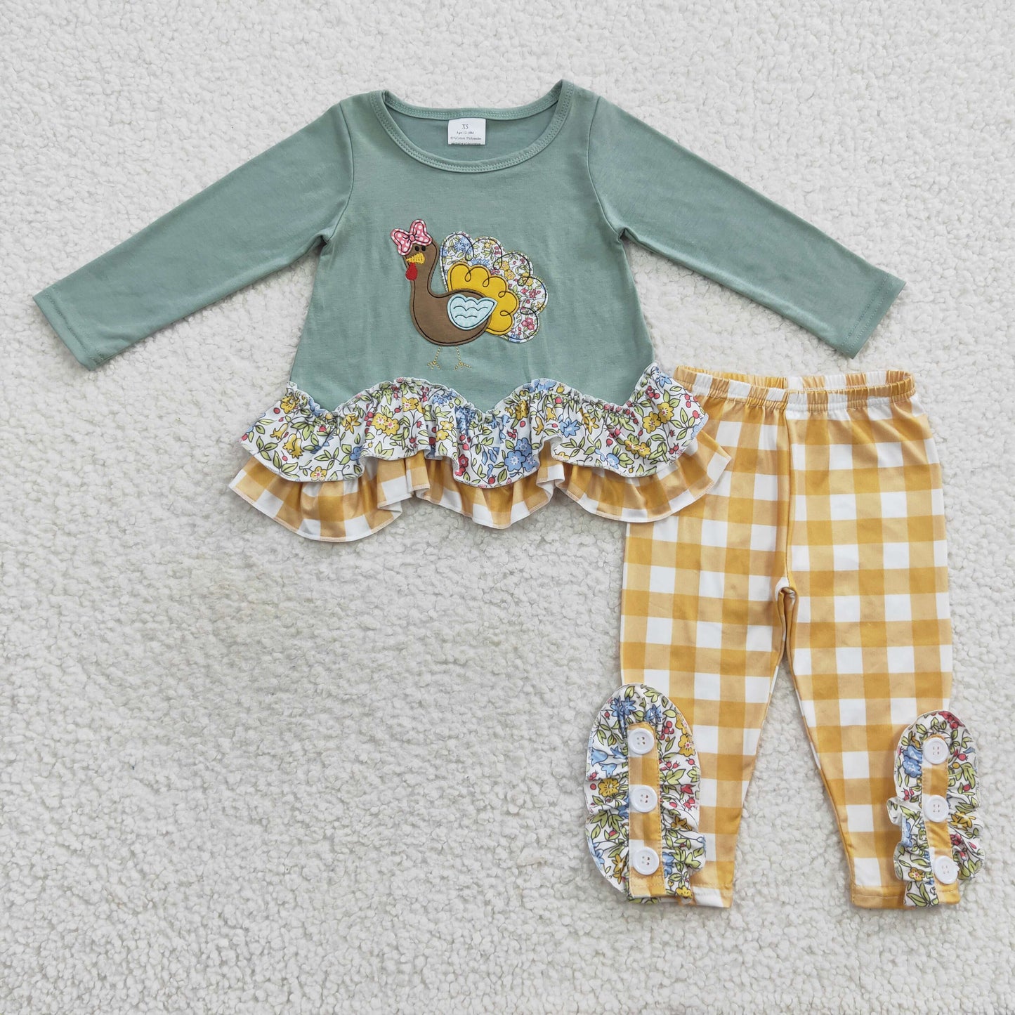 GLP0442 Thanksgiving Turkey GreenLong Sleeves Yellow Cell Pants Girls Set