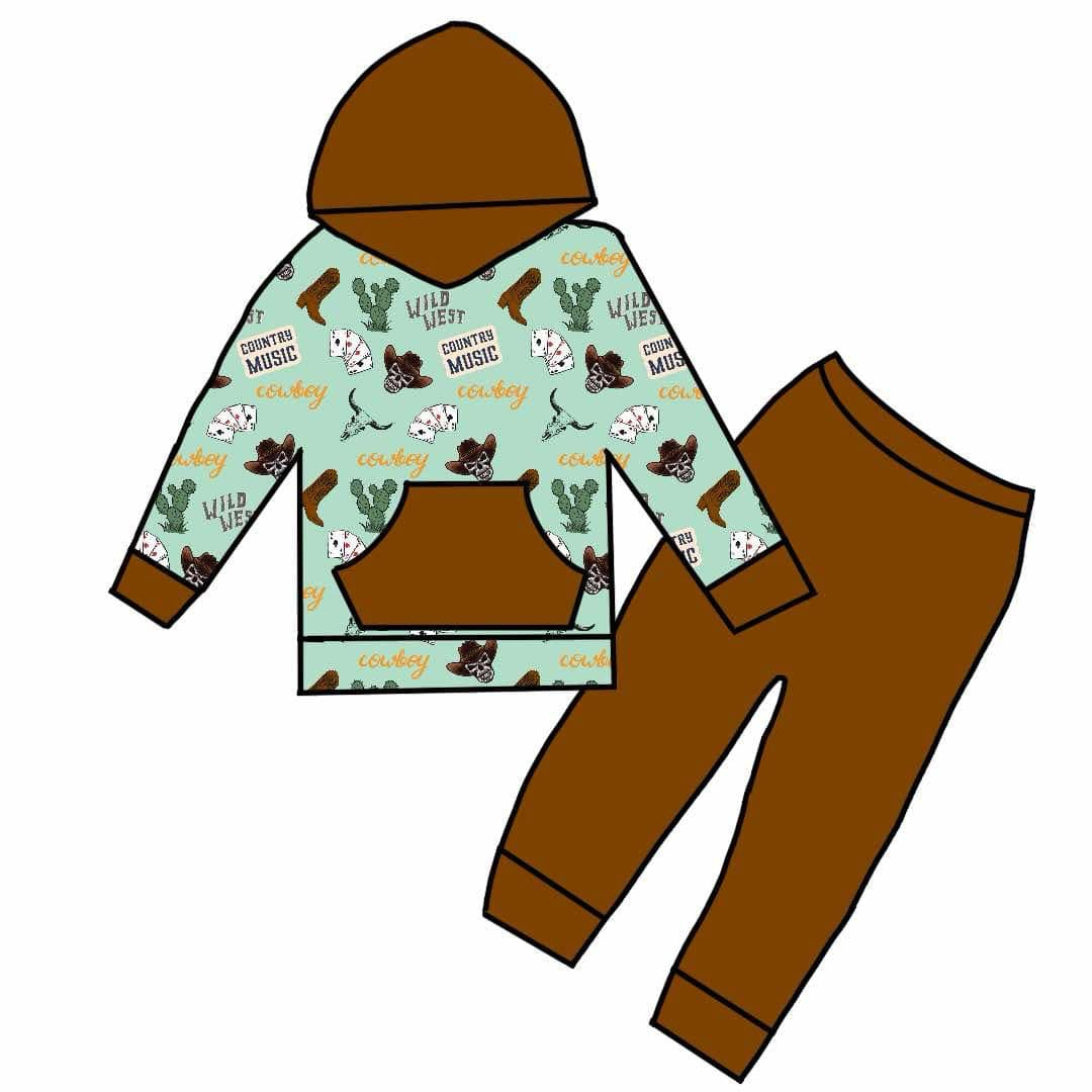 Custom Western Cactus Cow Hoodie Pocket Long Sleeve Brown Pants Boys Set