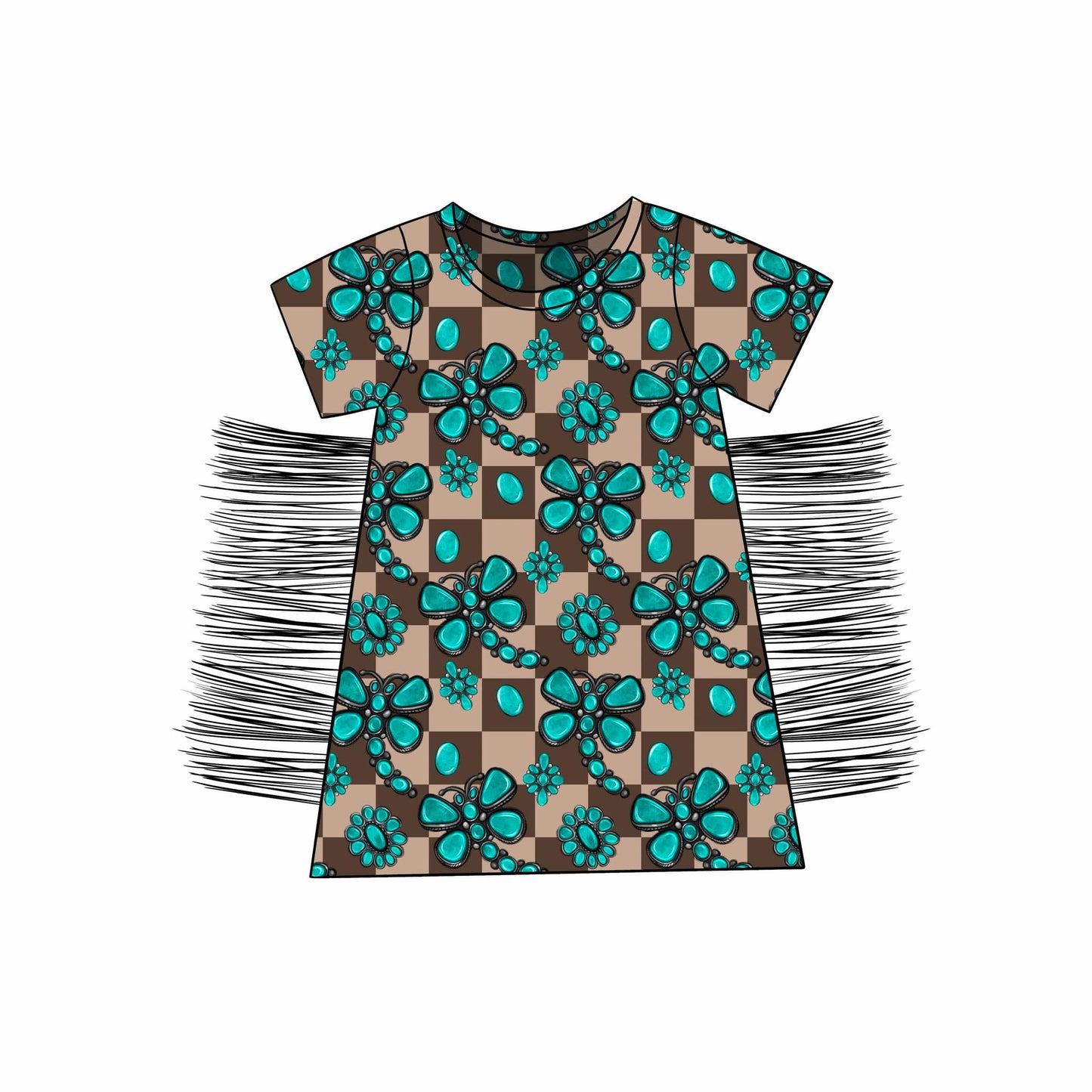 Custom Western Turquoise Checkered Tassels Short Sleeve Girls Dress