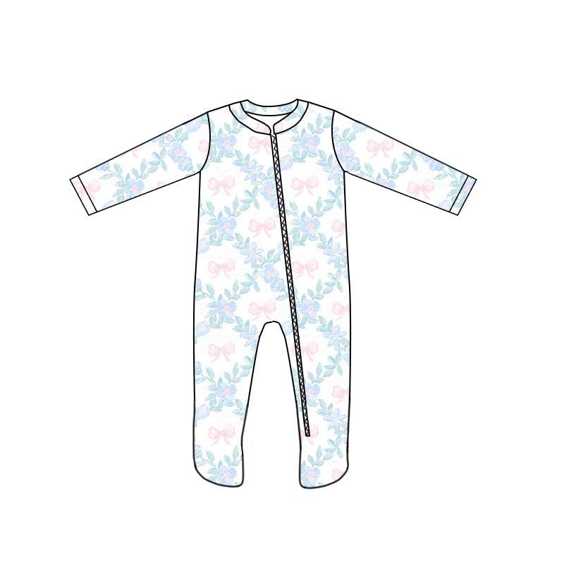 custom style pink bows blue 1 long sleeve zipper girls romper