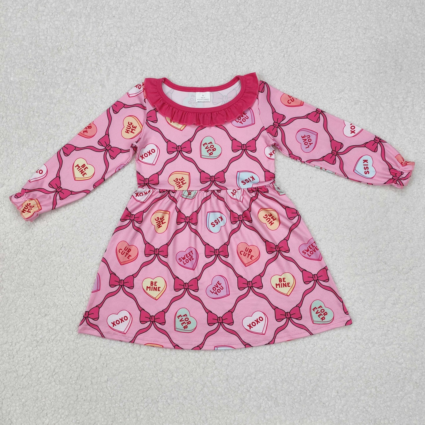 GLD0987 Valentine's Day love you heart bows hot pink long sleeve girls dress