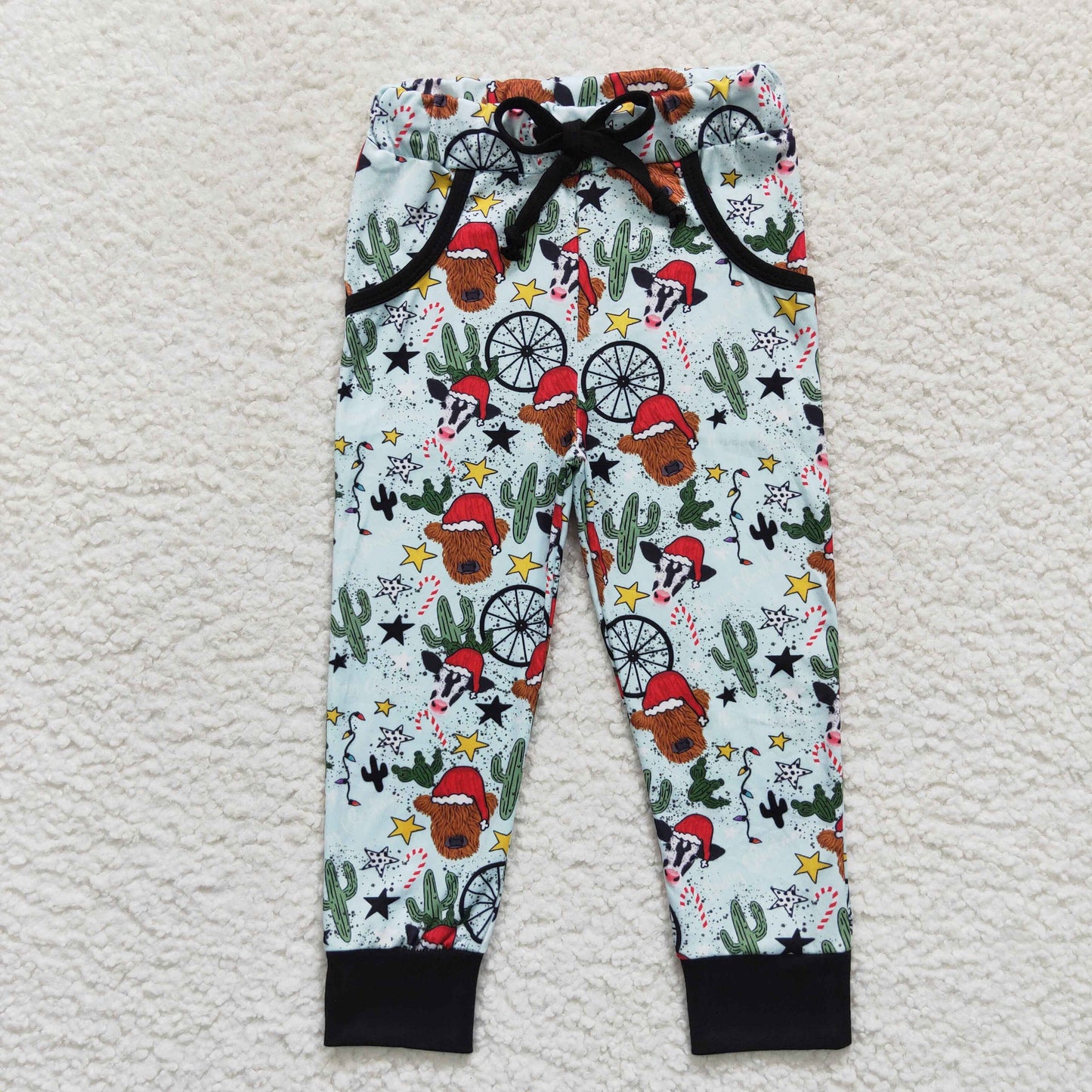 P0291 Christmas highland cow cactus kids pants