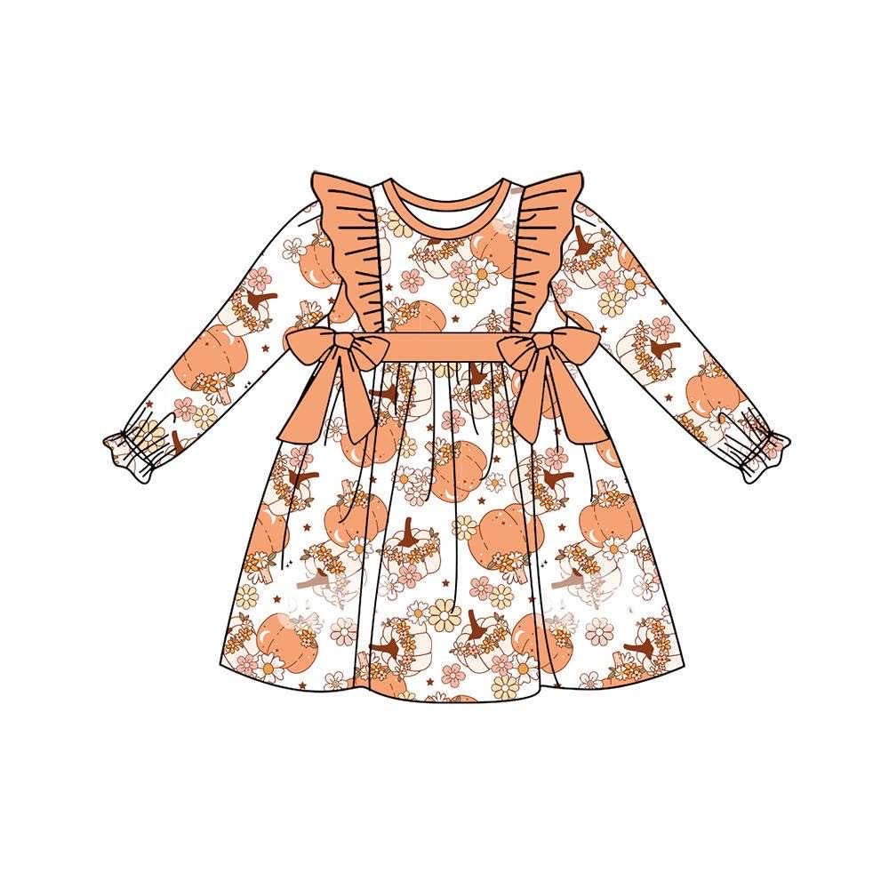 custom Autumn pumpkin flowers long sleeve girls dress