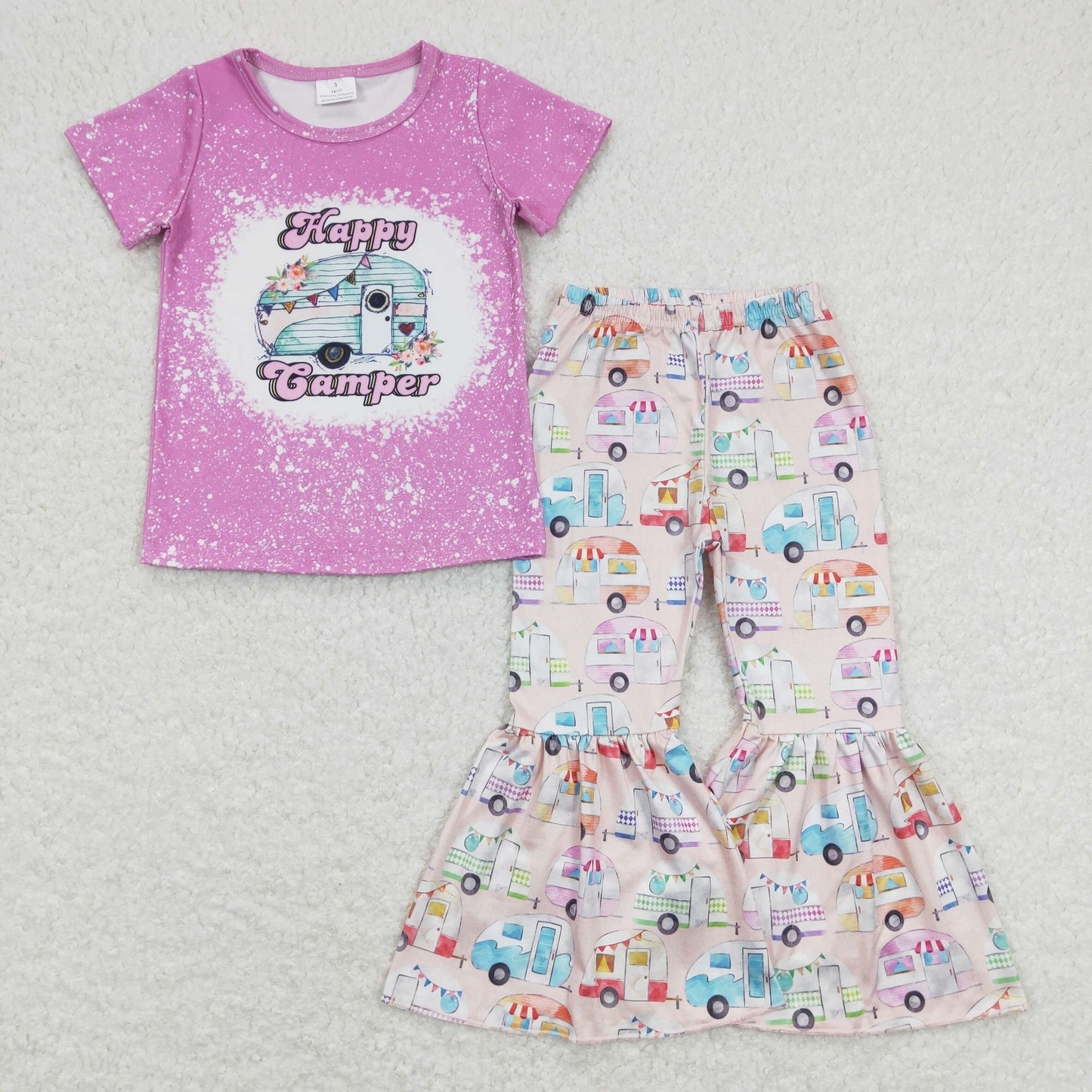 GSPO1196 Happy Camper Bus Hot Pink Short Sleeve Pink Pants Girls Set
