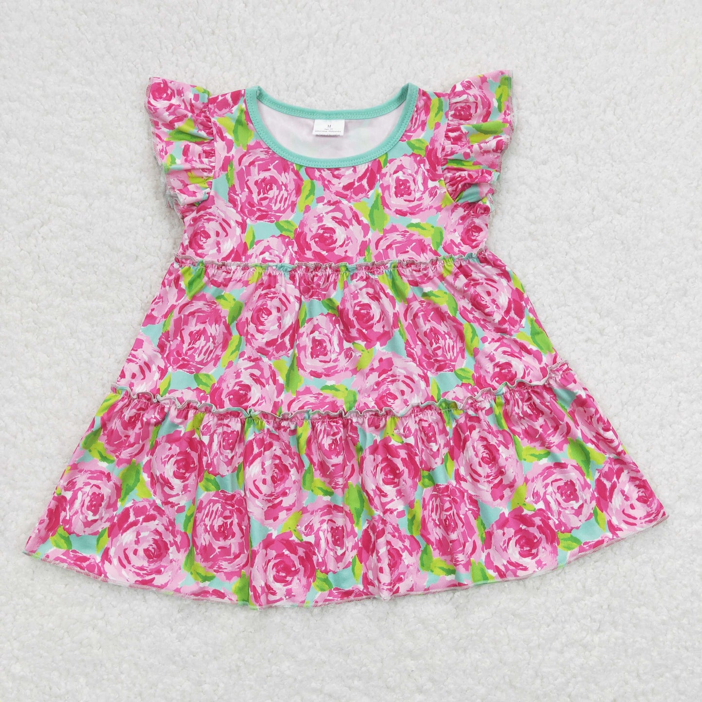 GT0475 Hot Pink Flowers Cyan Flutter Sleeve Girls Summer Top
