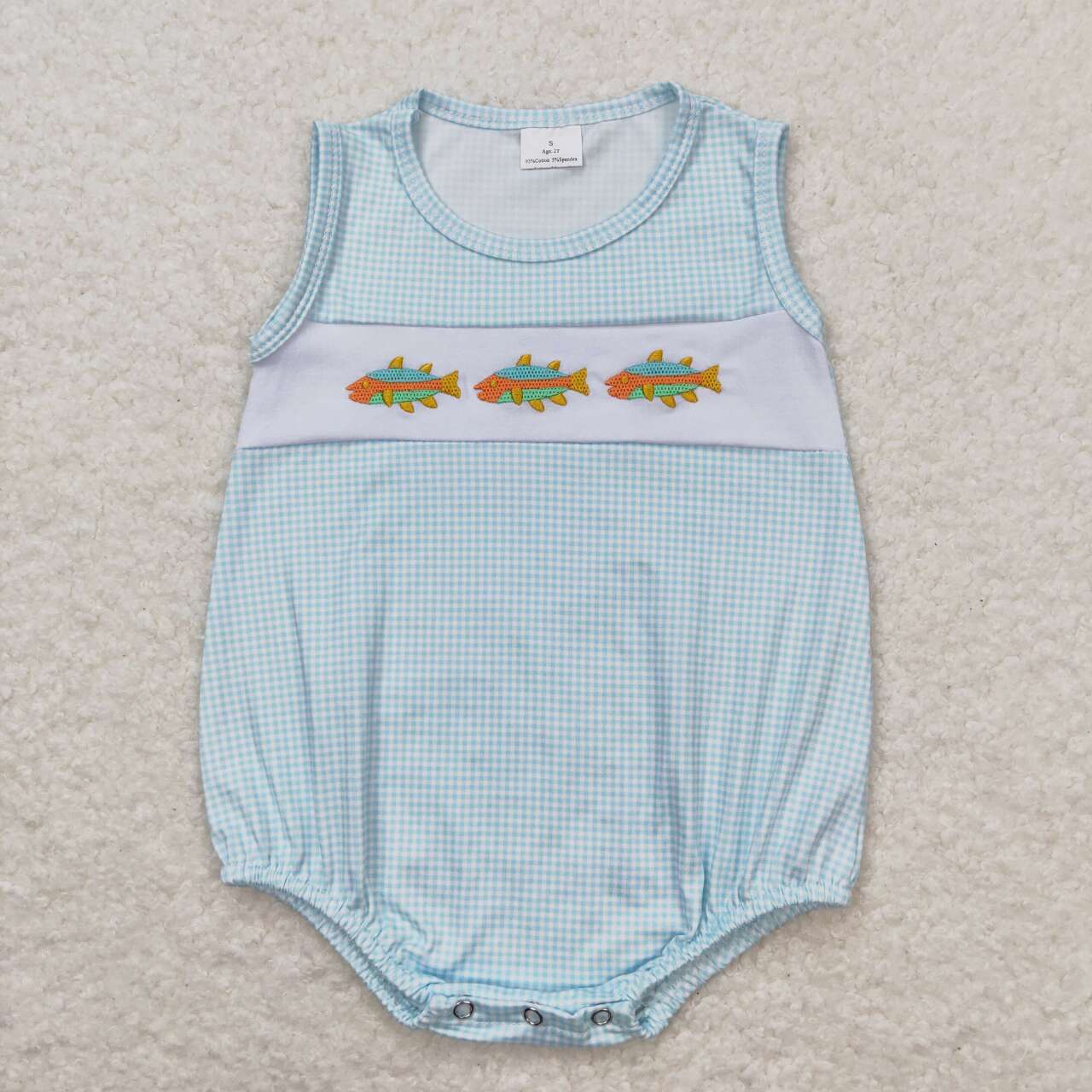 SR1265 embroidery fish blue checkered sleeveless boys romper