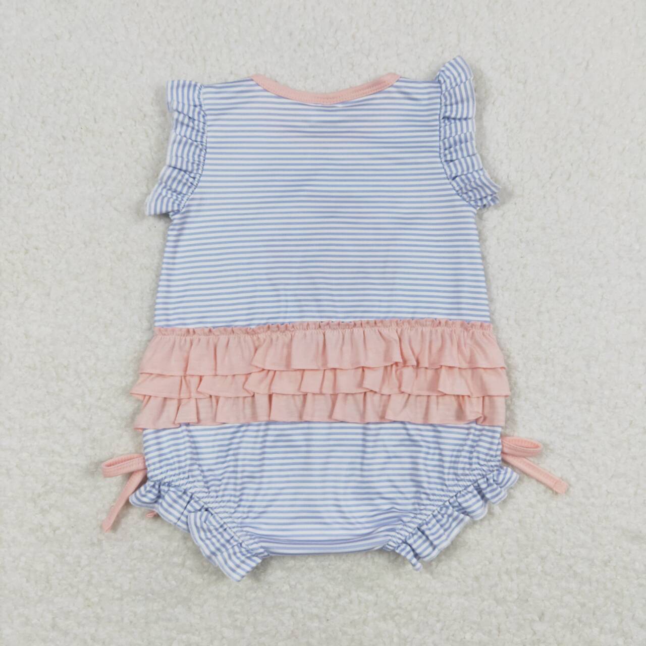 SR0931 embroidery Pink Dance Shoe Blue Striped Flutter Sleeve Girls Romper