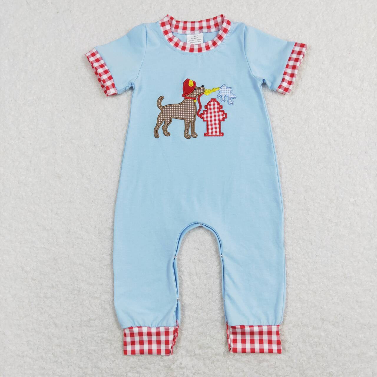 SR0664 Embroidery Dog fire hydrant red checkered blue short sleeve boys romper