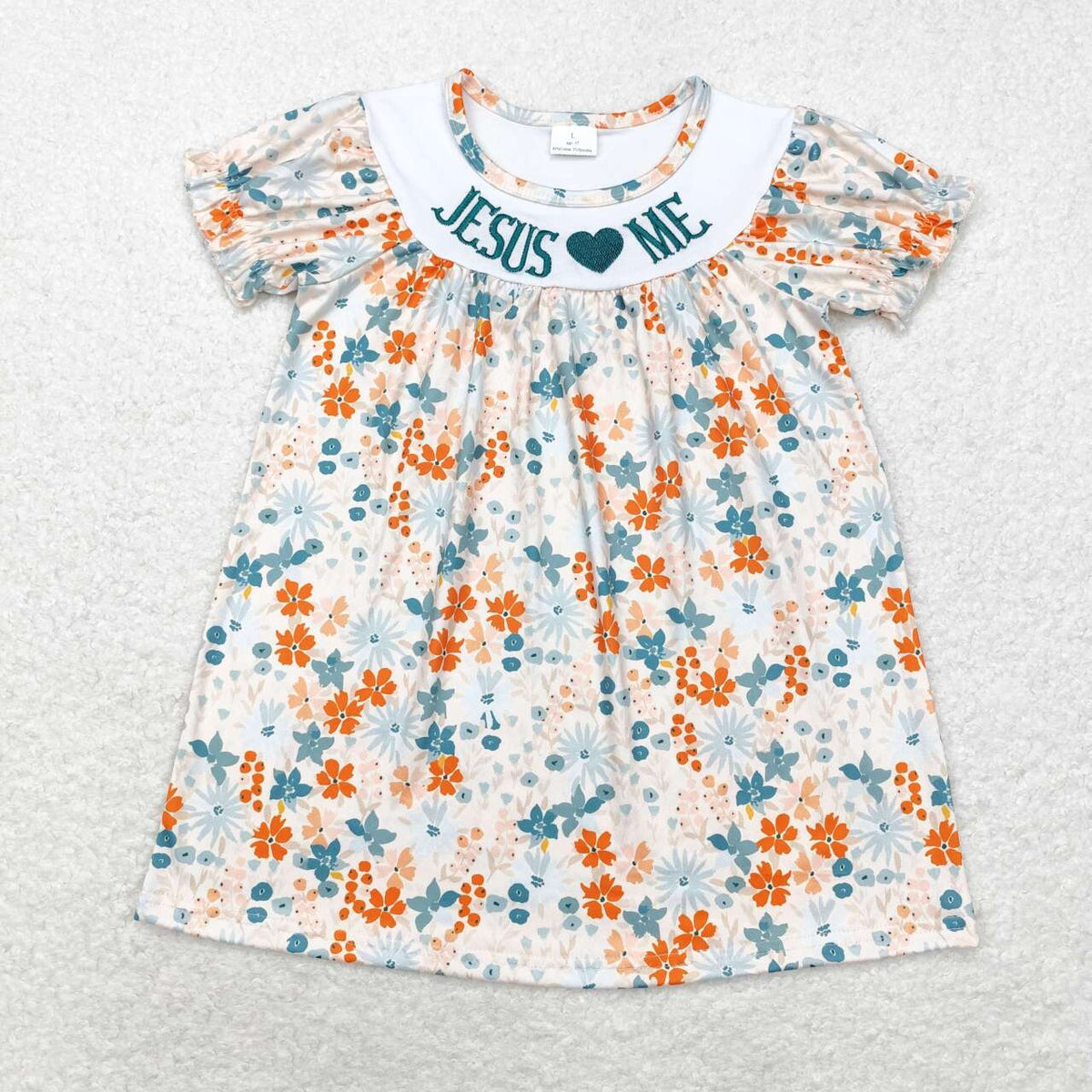 GSD1387 embroidery Jesus love me colorful flowers short sleeve girls dress
