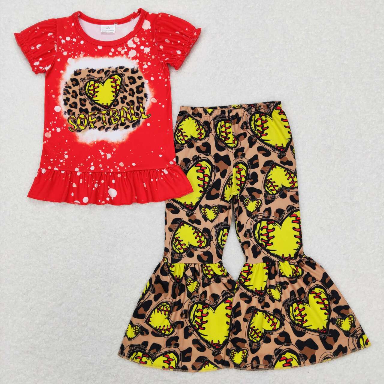 GSPO1086 Softball red short sleeve leopard pants girls set