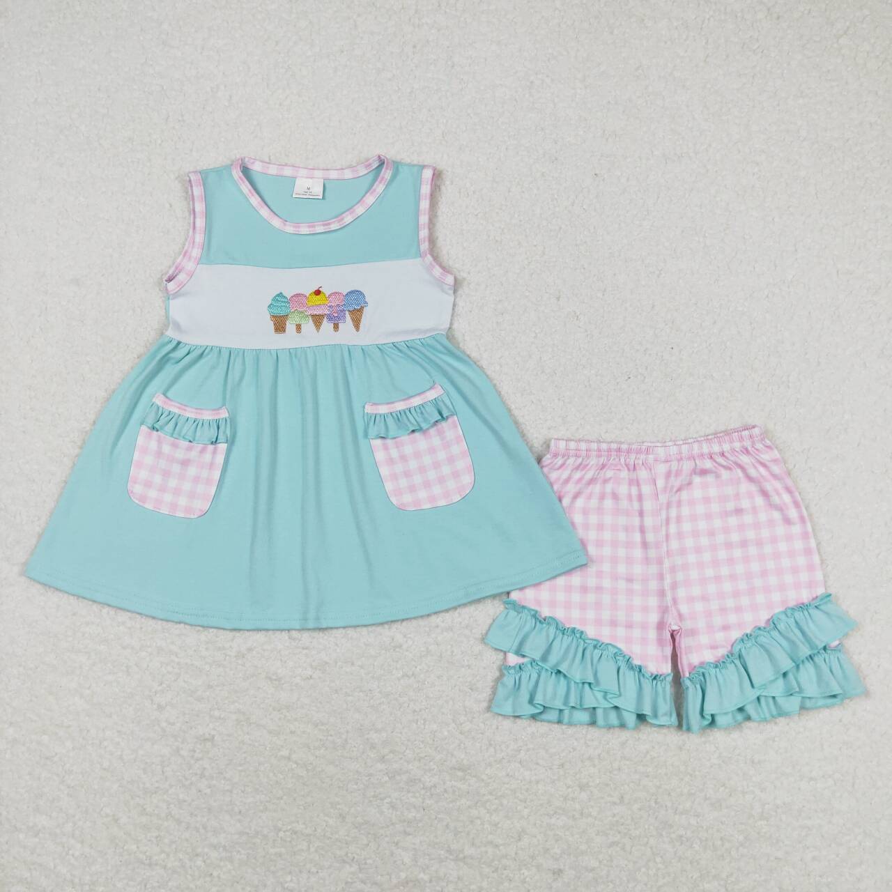 GSSO0826 embroidery cartoon ice pockets blue sleeveless pink checkered shorts girls set