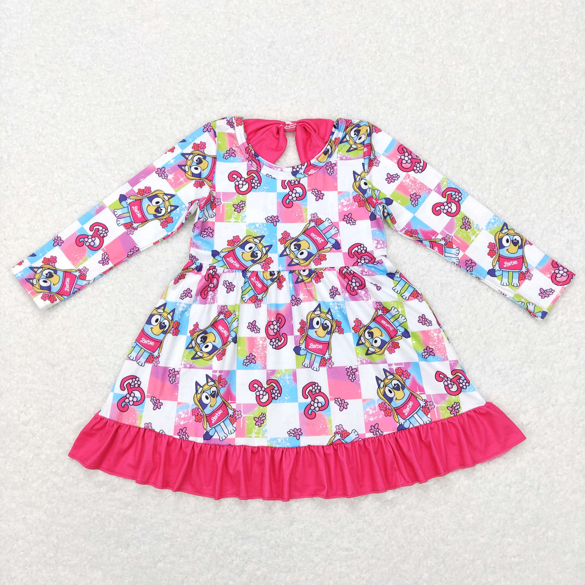 GLD0477 Cartoon dog hot pink long sleeve girls dress