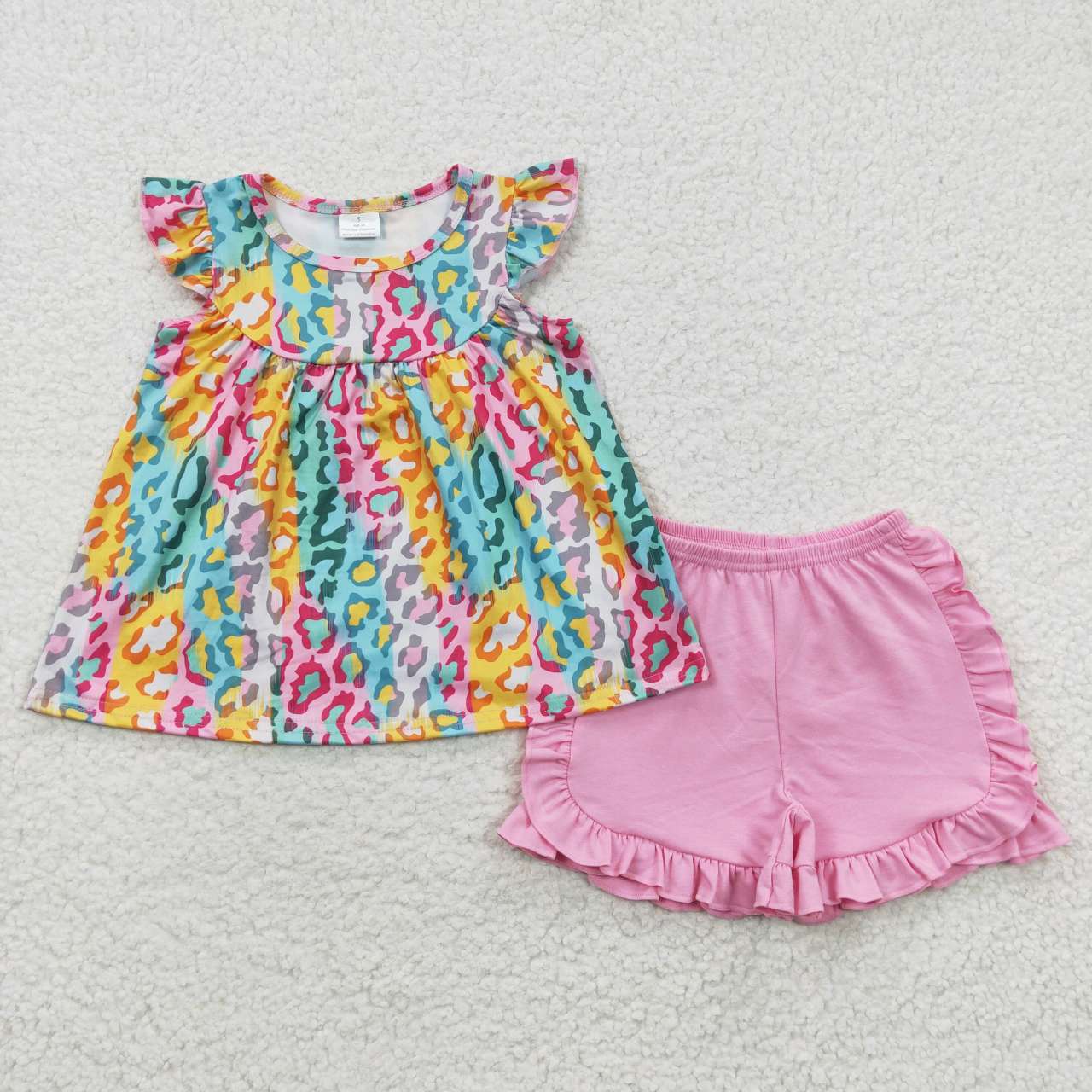 GSSO0311 Yellow & Blue Leopard Print Leopard Print Top Pink Shorts Baby Girls Set
