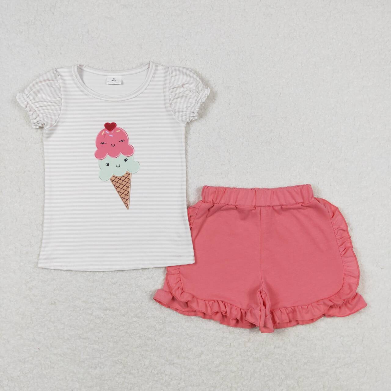 GSSO0579 Ice Green Striped Short Sleeve Hot Pink Shorts Girls Set