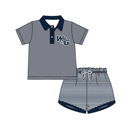 custom style WG football dark grey short sleeve navy blue striped shorts boys set