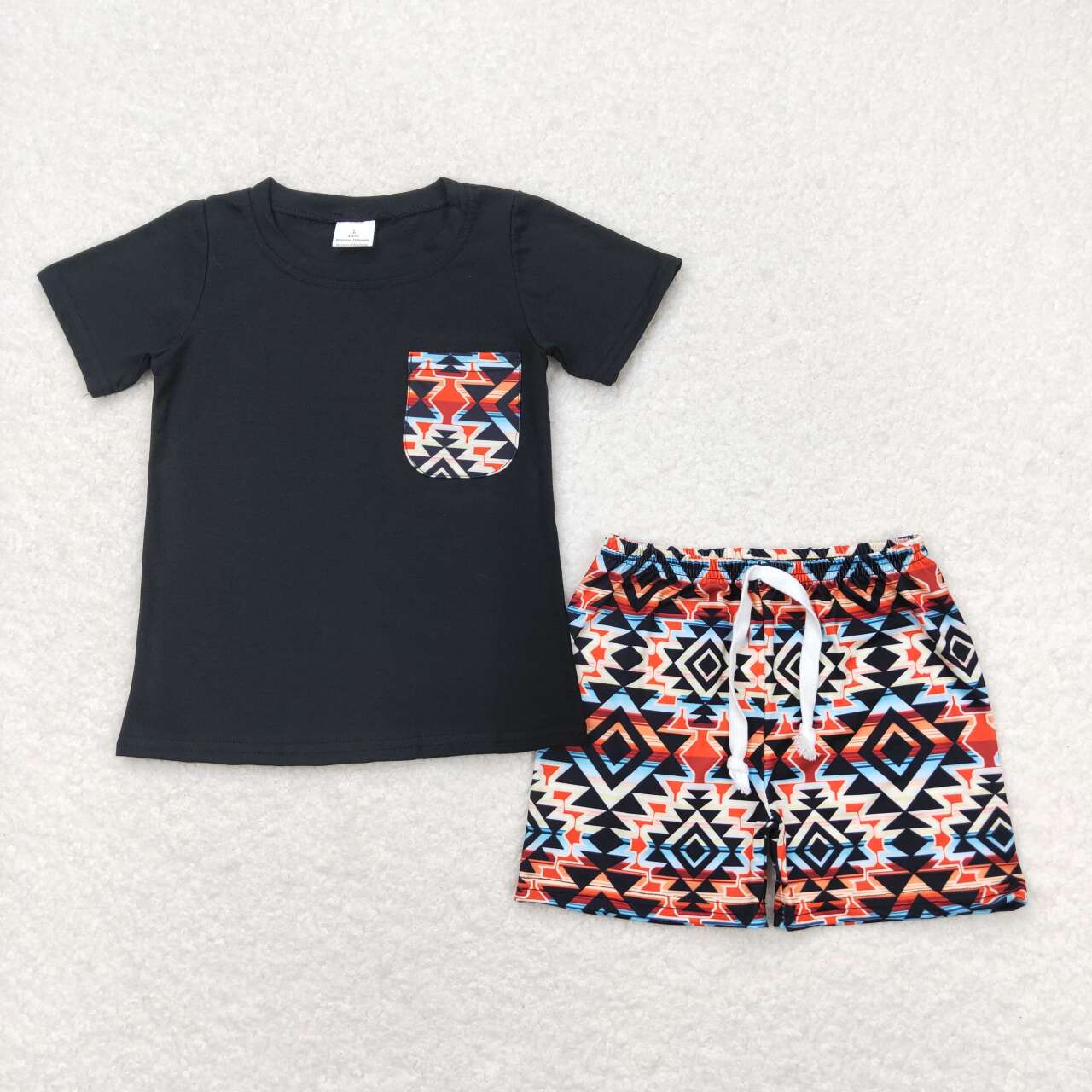 BSSO0678 Western Aztec pocket black short sleeve shorts boys set