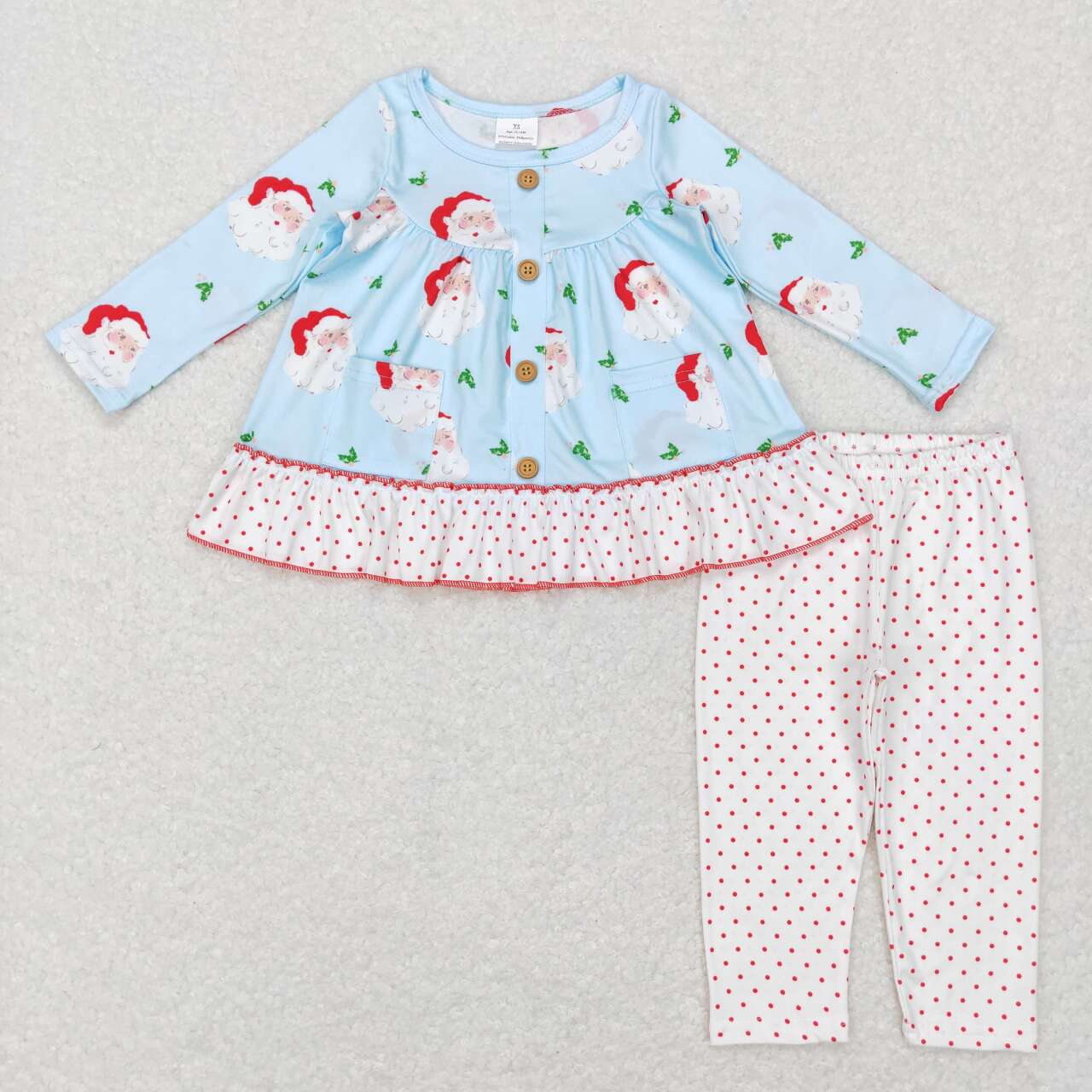GLP0976 Christmas Santa pockets blue long sleeve white dot pants girls set