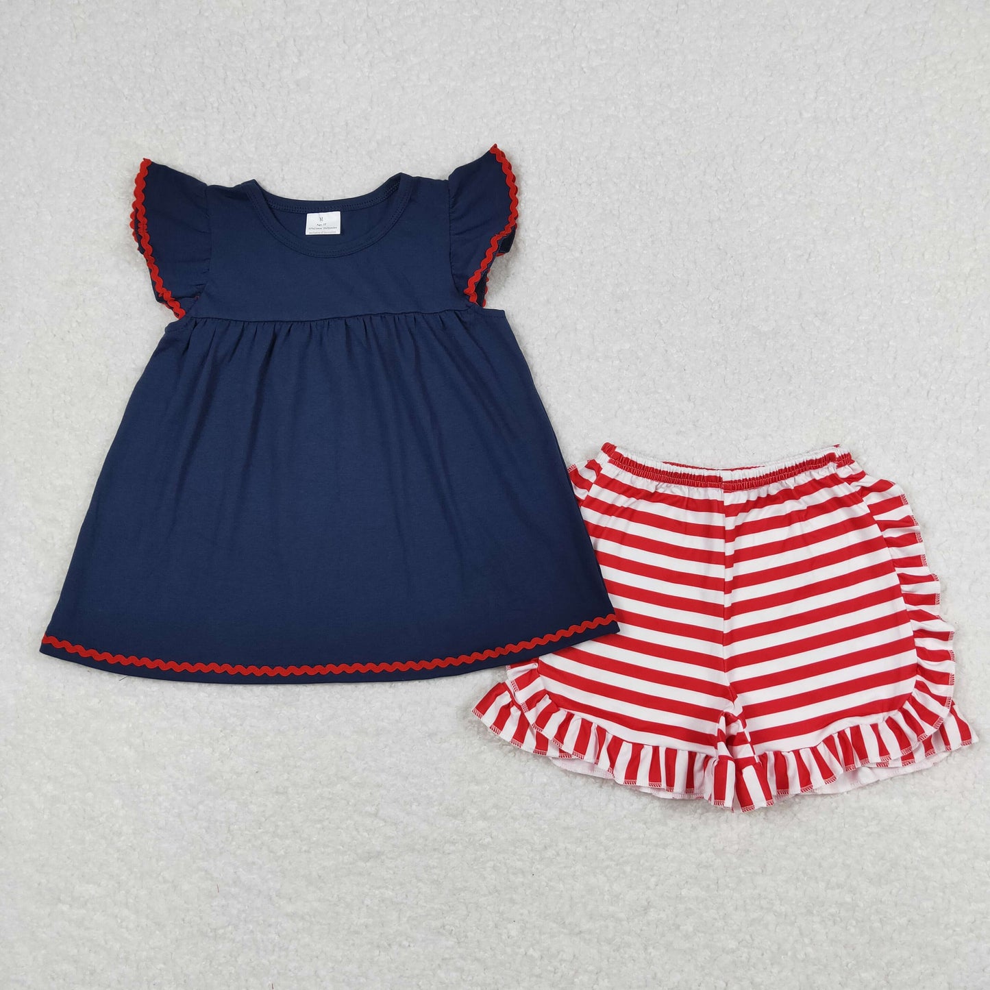 GSSO0796 Dark navy blue flutter sleeve red striped shorts girls set
