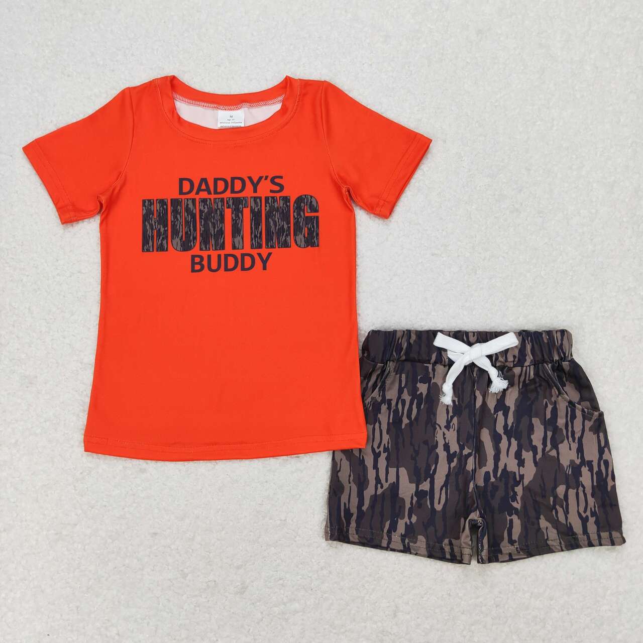 BSSO0922 daddy's hunting buddy orange short sleeve camo shorts boys set