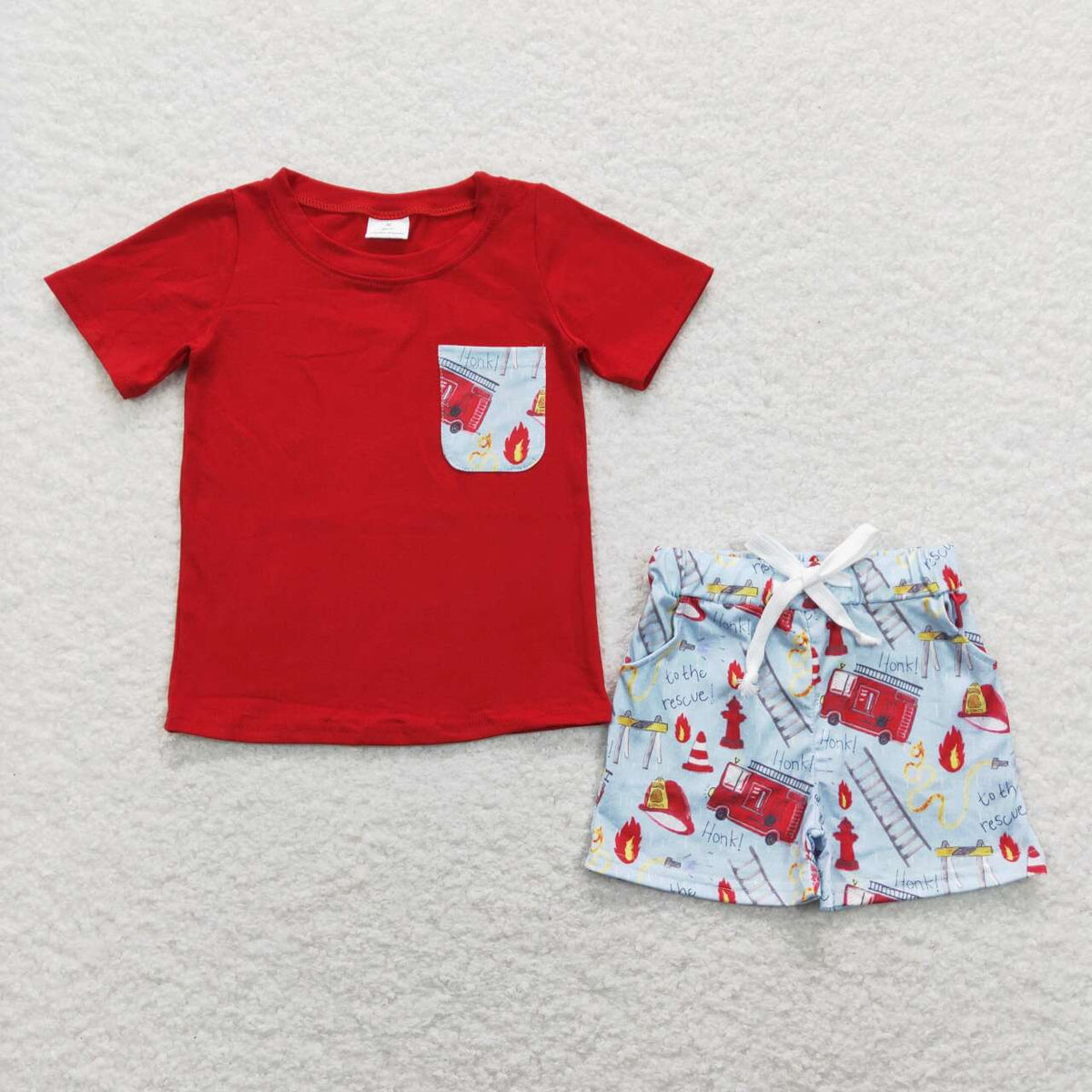BSSO0557 Fire Truck Pocket Red Short Sleeve Shorts Boys Set