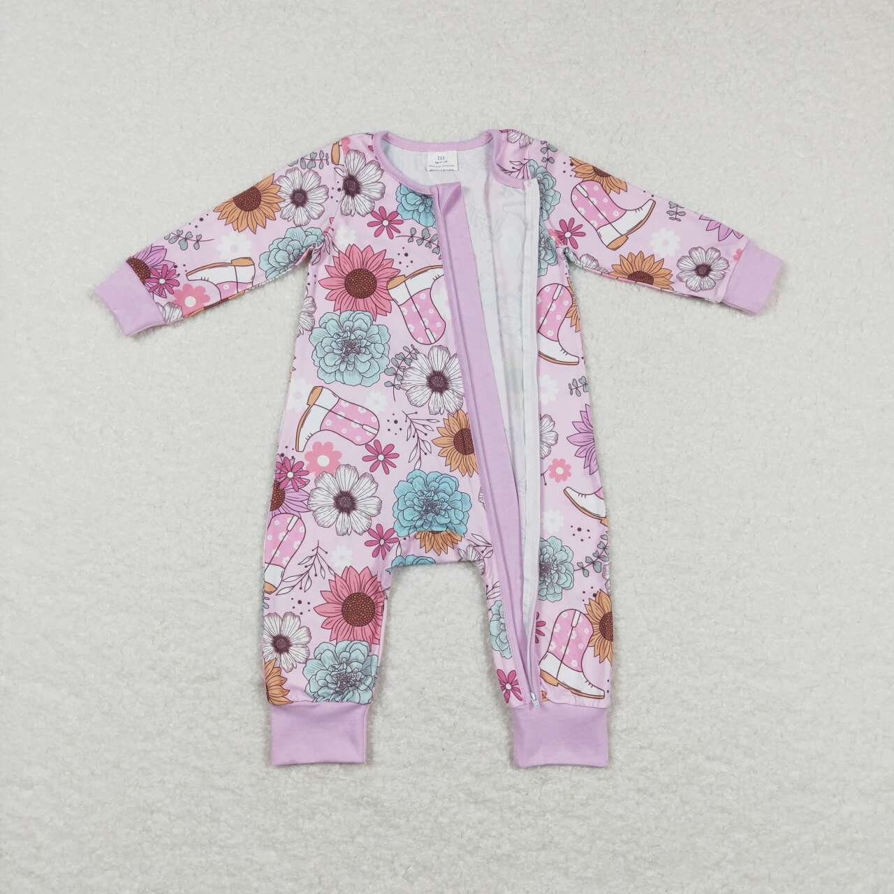 USA SHOP LR0801 Western boot flowers pink long sleeve girls romper
