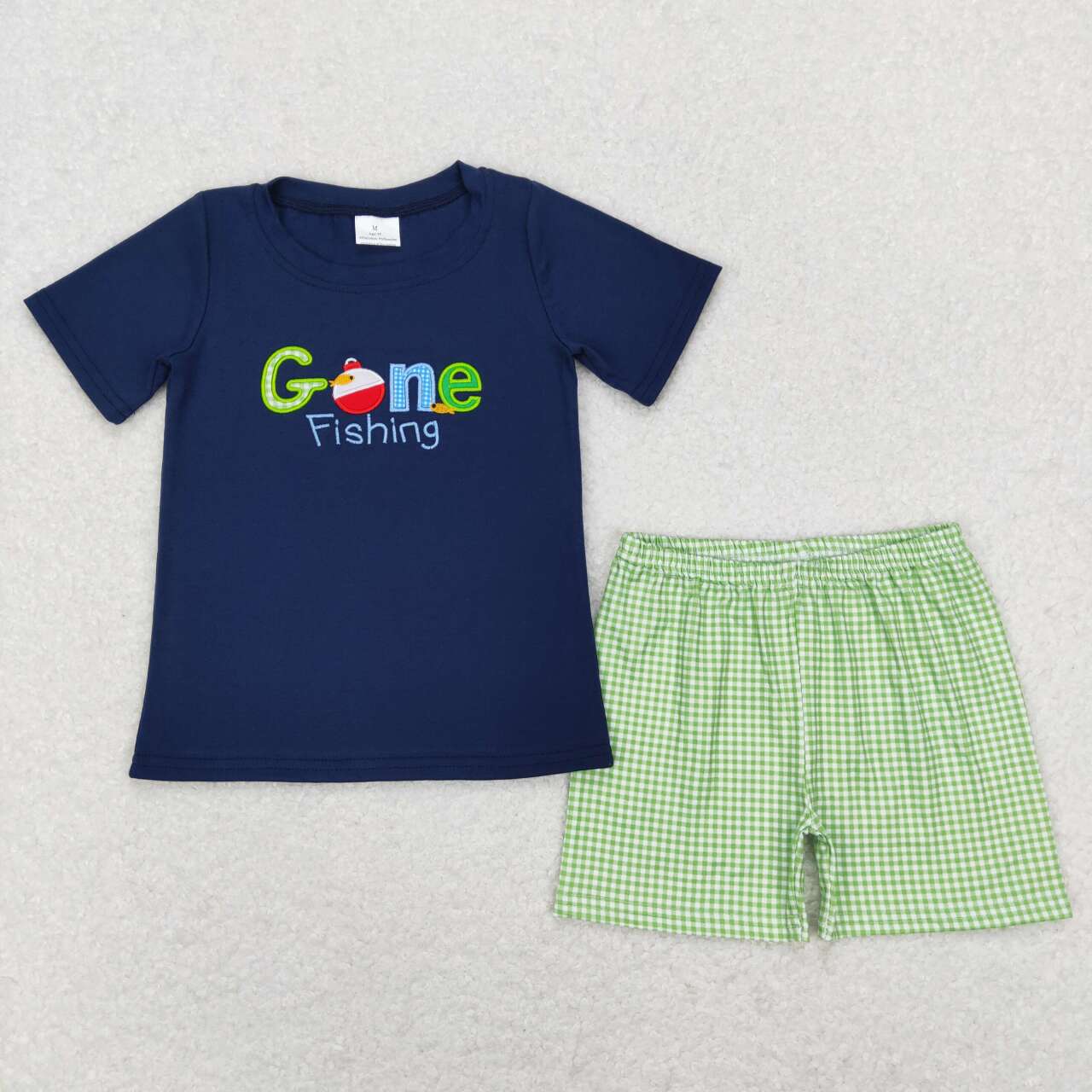 BSSO0395 Embroidery Gone fishing navy short sleeve green checkered shorts boys set