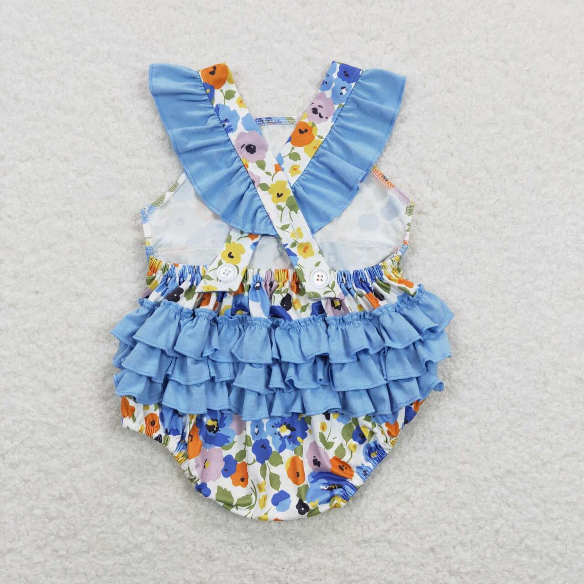 SR0824 Colorful Flowers Blue Flutter Sleeve Girls Romper