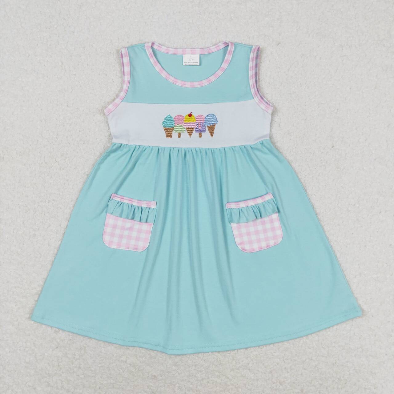 GSD0956 embroidery cartoon ice pockets blue sleeveless girls dress