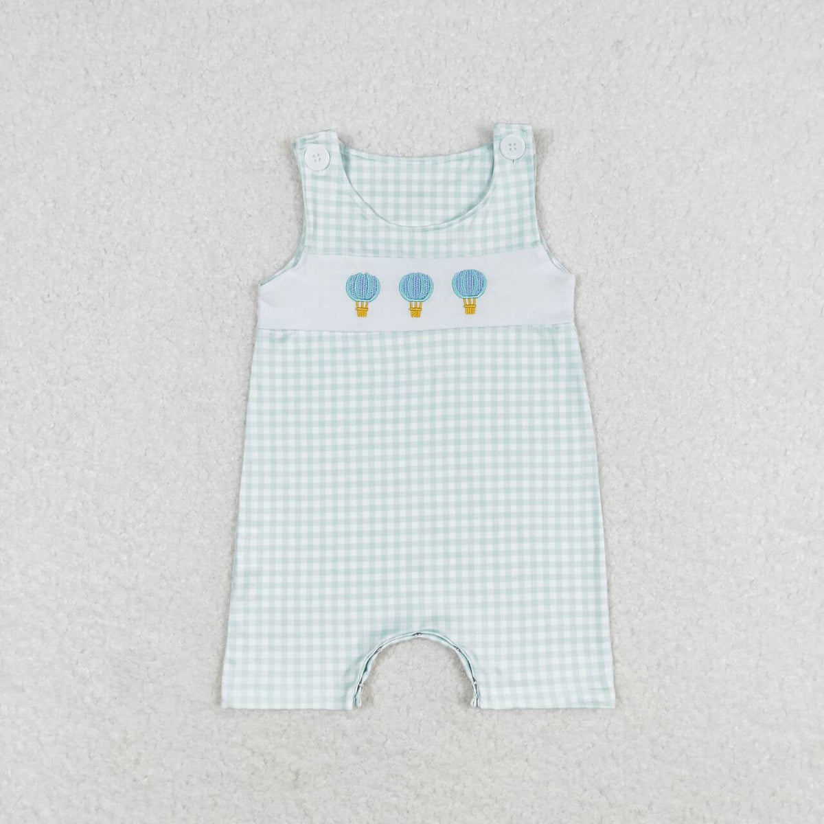 SR1405 embroidery hot air balloon green checkered sleeveless boys romper