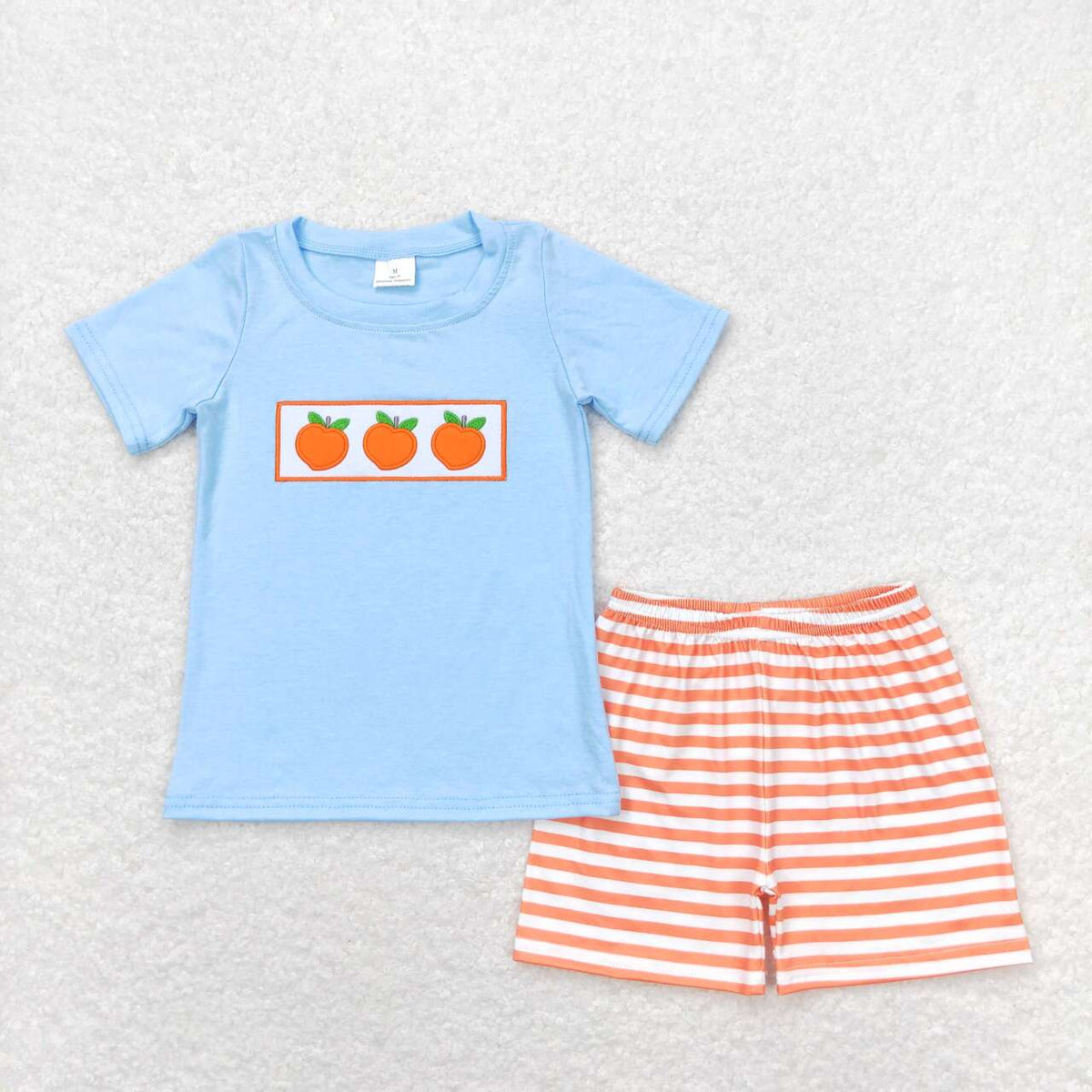 BSSO0417 embroidery Orange fruits blue short sleeve orange striped shorts boys set