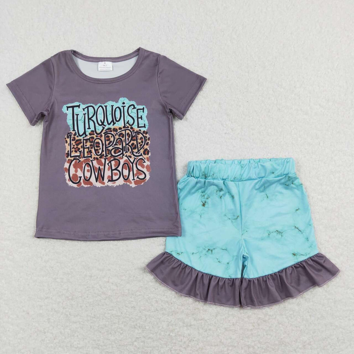 GSSO0545 Western Cowboys Grey Short Sleeve Blue Shorts Girls Set