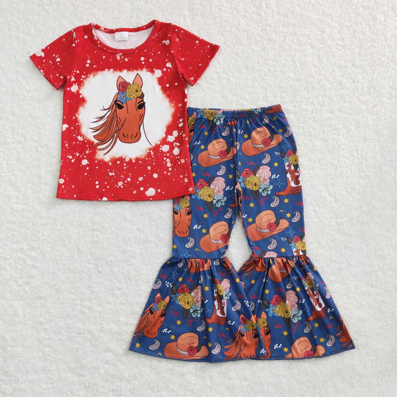 GSPO0869 Western horse flowers boot red short sleeve pants girls set