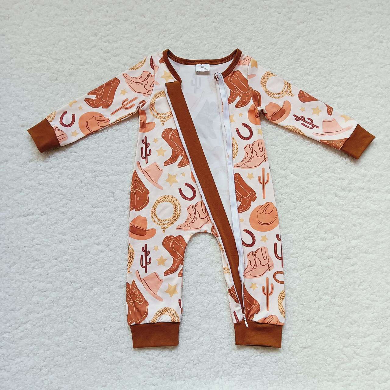 LR0431 Western boot hat orange long sleeve kids romper