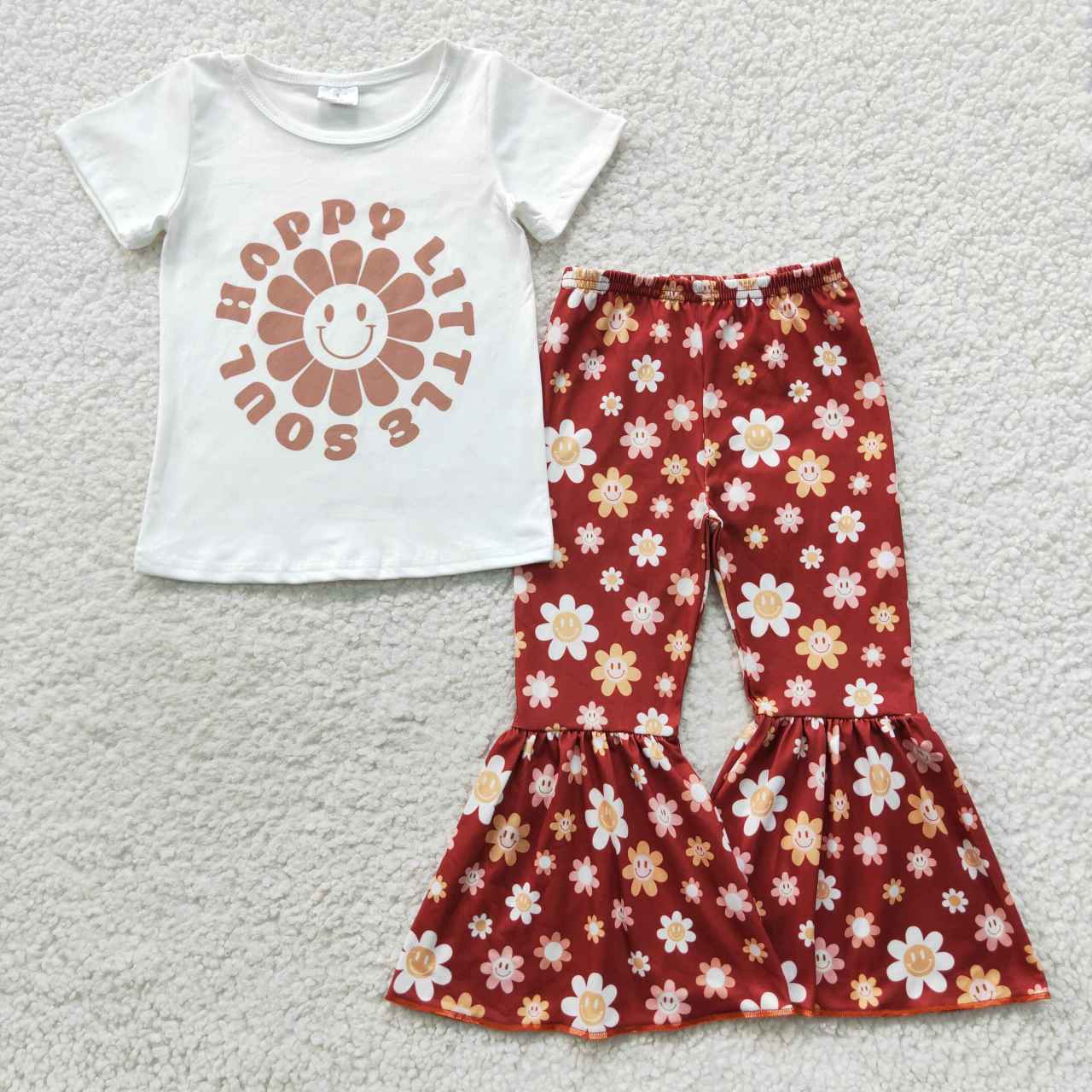 GSPO0752 Happy Little Soul Smile Flowers Short Sleeves Wine Red Pants Girls Set