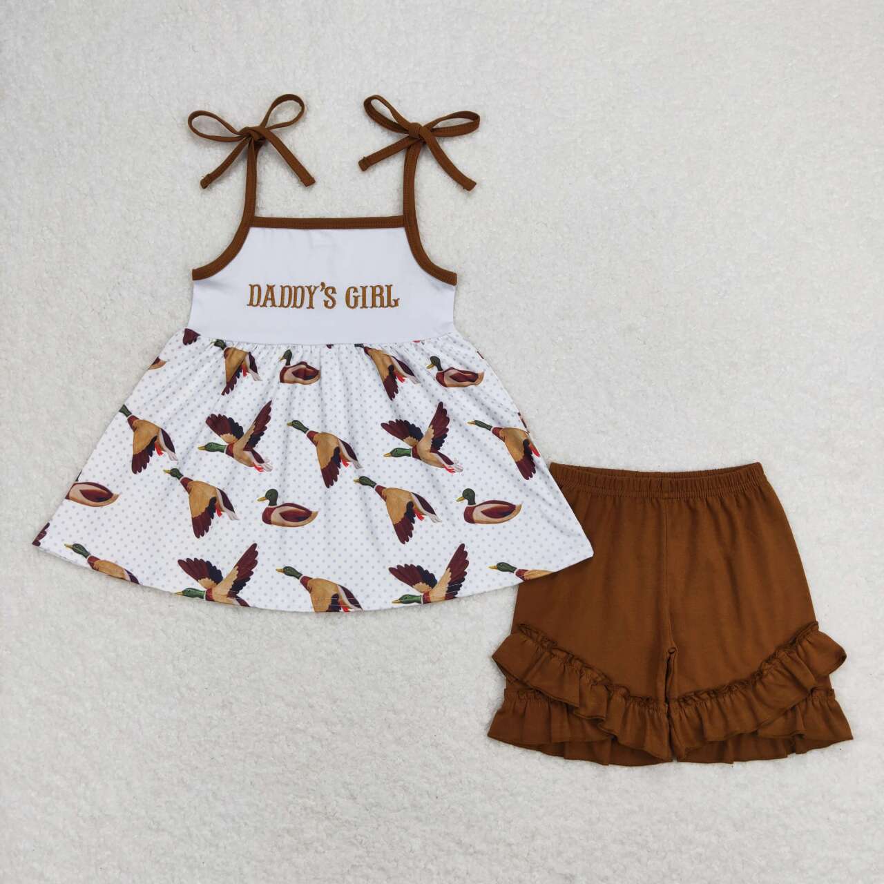 GSSO0807 daddy's girls lace-up top brown shorts girls set