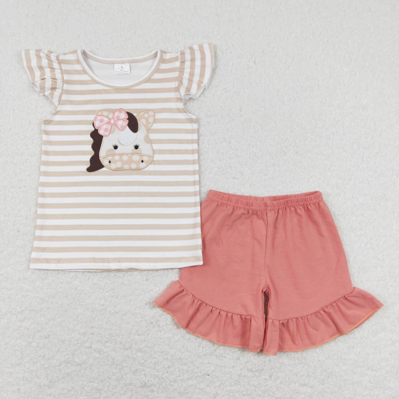 preorder GSSO0423 Horse khaki striped flutter sleeve pink ruffles shorts girls set