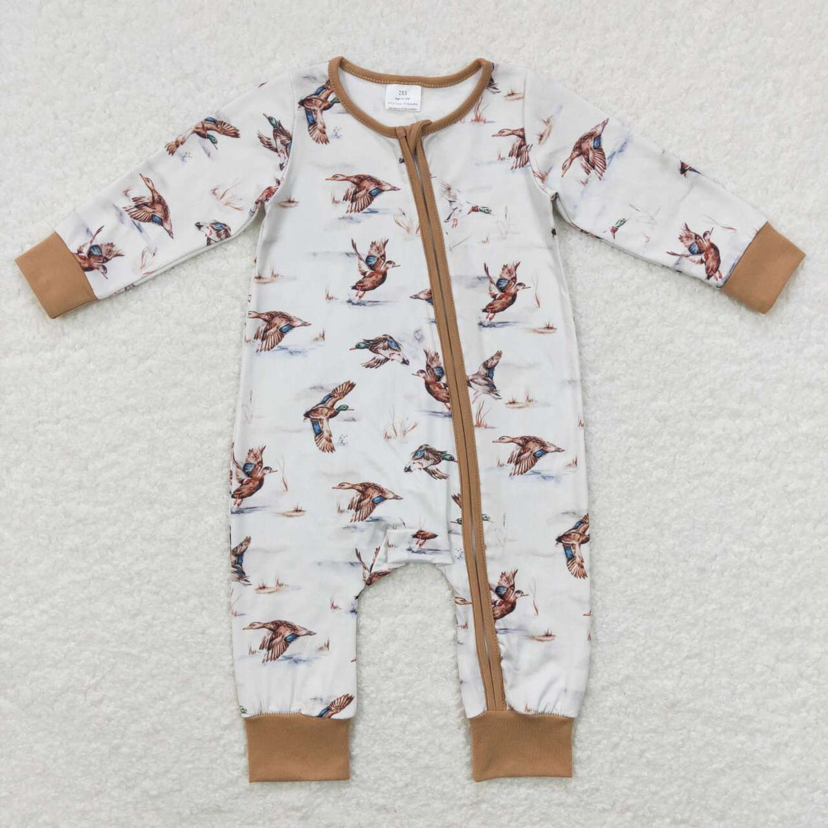 LR0816 Hunting mallard brown zipper long sleeve kids romper
