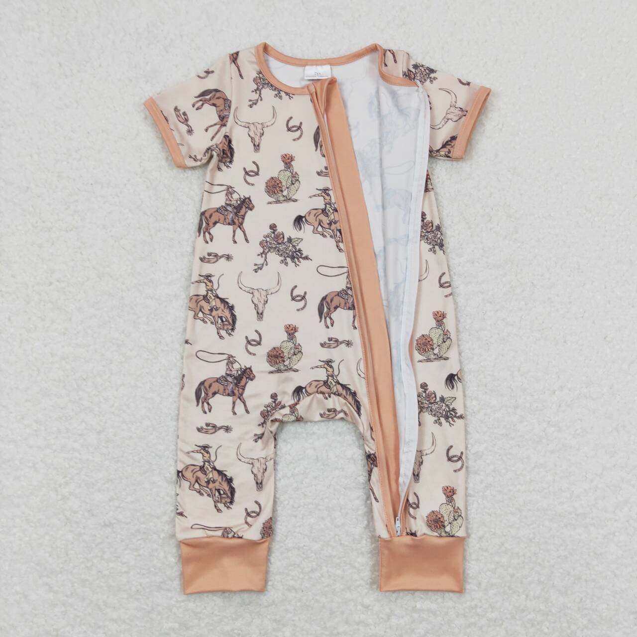 SR1220 Western cow rodeo orange short sleeve zipper girls romper