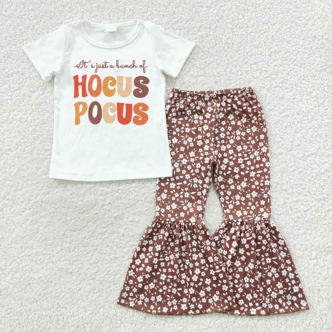 GSPO0811 Halloween white short sleeve brown flowers pants girls set