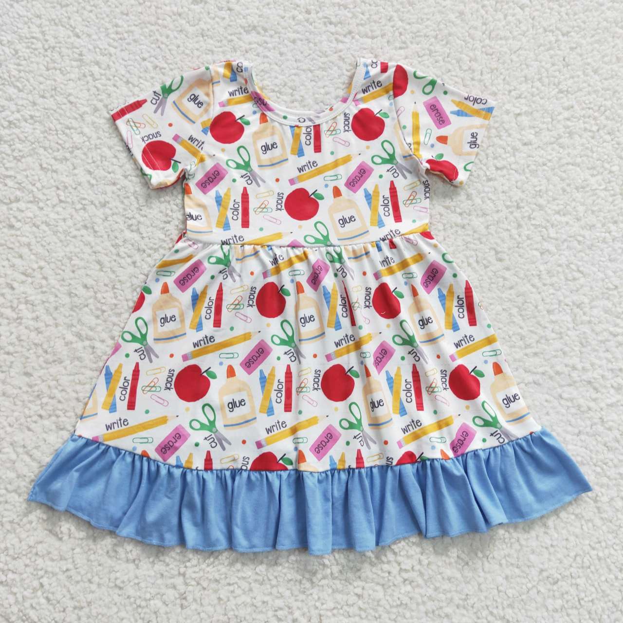 GSD0394 Back To School Colorful Pen Apple Short Sleeves Girls Dress