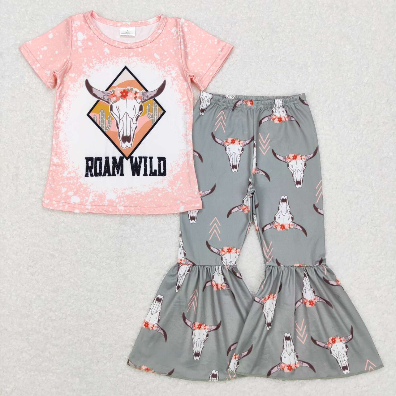 GSPO0914 Western roam wild pink short sleeve pants girls set