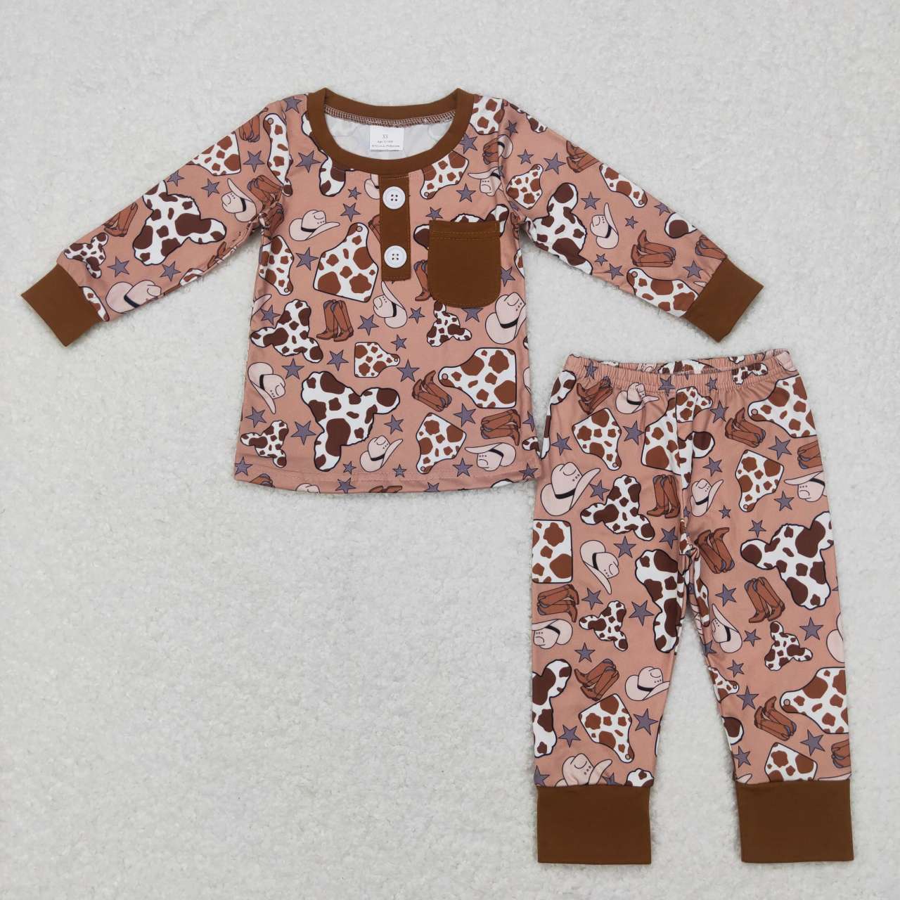 BLP0347 Western cow print brown pocket long sleeve pants boys set