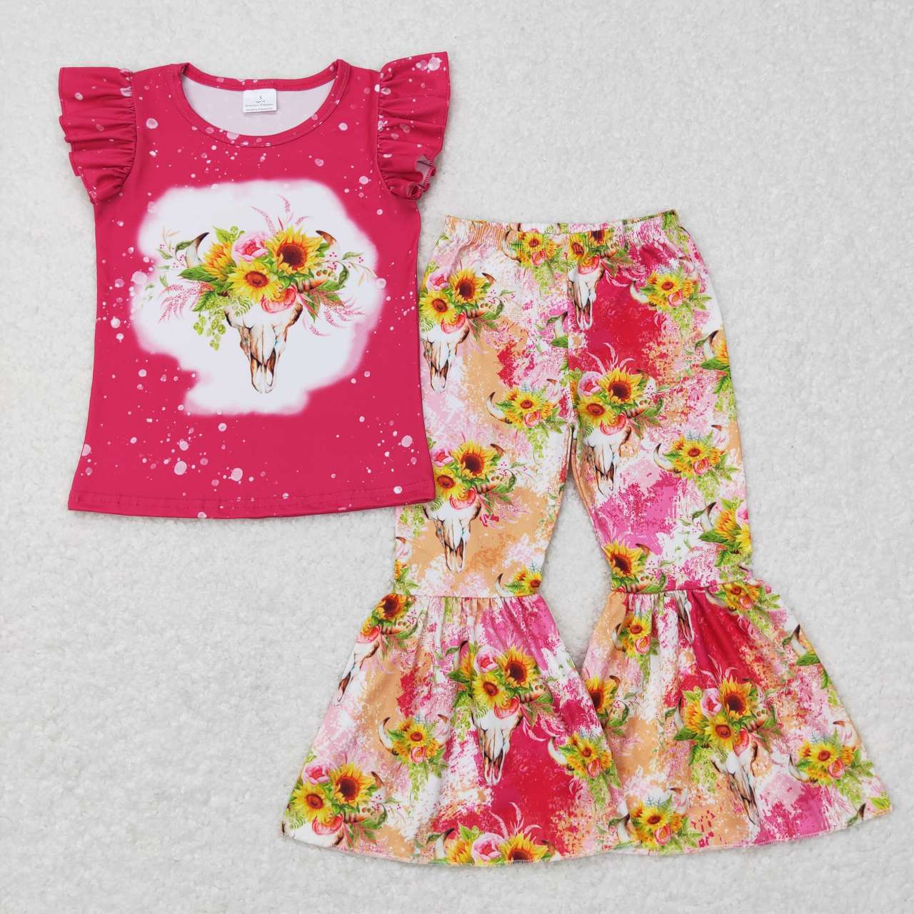 GSPO0913 Western cow sunflowers hot pink pants girls set